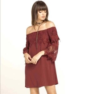 Shyanne Lace Trim Peasant Off the Shoulder Mini Western Festival Dress Rust XS